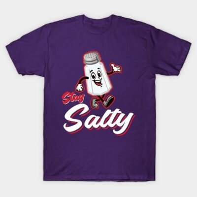Purple graphic T-shirt with playful salt shaker design and "Stay Salty" text, casual wear, cotton fabric.