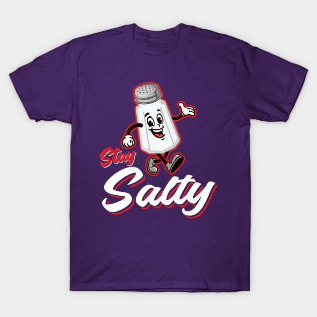 Purple graphic T-shirt with playful salt shaker design and "Stay Salty" text, casual wear, cotton fabric.