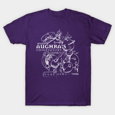 Purple t-shirt with white graphic design featuring observatory theme, ideal for casual wear. Cotton material.