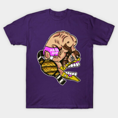 Purple graphic T-shirt, featuring a bold wrestling-themed design, perfect for casual wear, 100% cotton material.