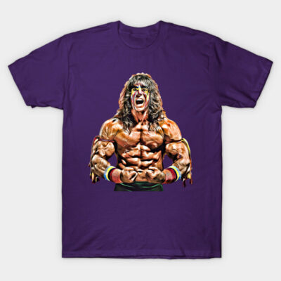 Purple graphic t-shirt featuring a muscular cartoon character, perfect for casual wear and fans of bold designs.