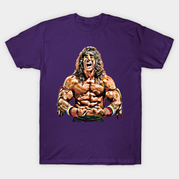Purple graphic t-shirt featuring a muscular cartoon character, perfect for casual wear and fans of bold designs.