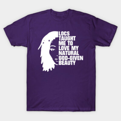 Purple T-shirt with white text and graphic, promoting natural beauty and self-love, casual wear, 100% cotton.