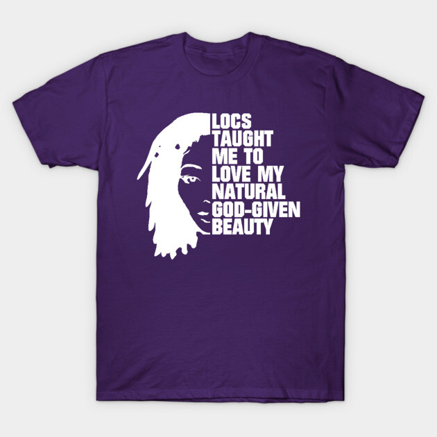 Purple T-shirt with white text and graphic, promoting natural beauty and self-love, casual wear, 100% cotton.