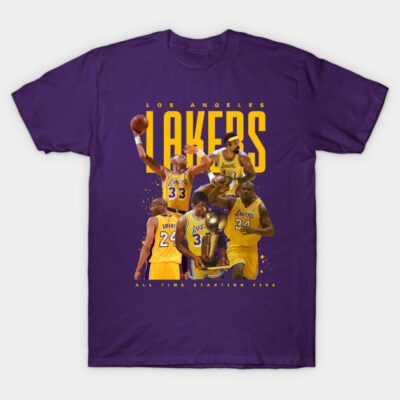 Purple Los Angeles Lakers graphic t-shirt, featuring iconic players, ideal for basketball fans and casual wear.