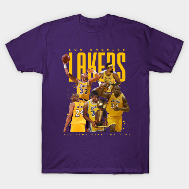 Purple Los Angeles Lakers graphic t-shirt, featuring iconic players, ideal for basketball fans and casual wear.
