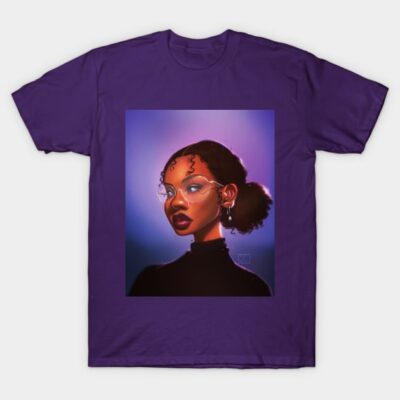 Purple graphic t-shirt featuring a digital art portrait, ideal for casual wear, made from soft cotton material.