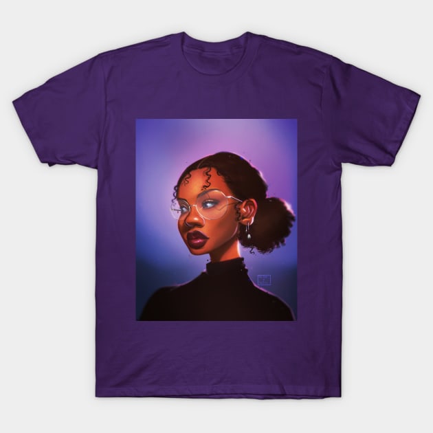Purple graphic t-shirt featuring a digital art portrait, ideal for casual wear, made from soft cotton material.