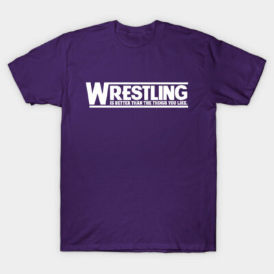Purple wrestling-themed cotton t-shirt with bold white text, casual style, ideal for sports enthusiasts and fans.