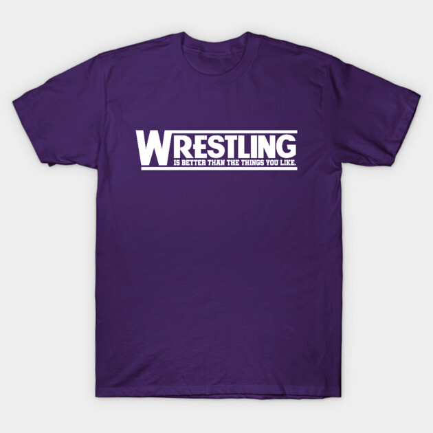 Purple wrestling-themed cotton t-shirt with bold white text, casual style, ideal for sports enthusiasts and fans.
