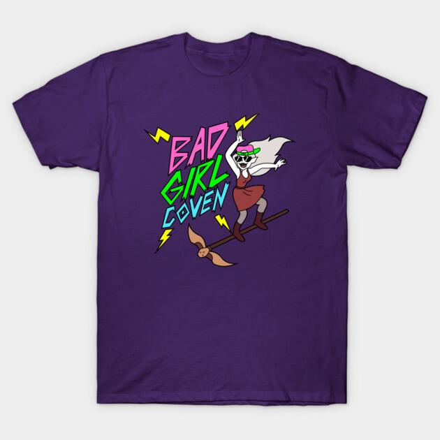 Purple "Bad Girl Coven" graphic t-shirt featuring witch design, casual wear, 100% cotton, unisex style.