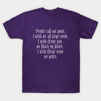 Purple t-shirt with white text design, casual style, made of cotton, ideal for everyday wear and self-expression.