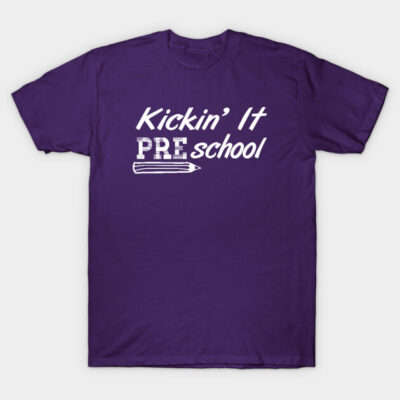 Purple t-shirt with "Kickin' It Preschool" text in white, casual style, ideal for preschool events or casual wear.