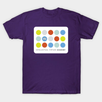 Purple unisex t-shirt with colorful geometric design and "Intellectual Virtues Academy" text, perfect for casual wear.