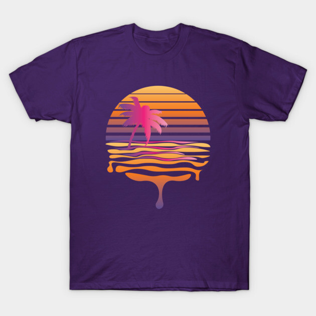 Purple t-shirt with vibrant sunset and palm tree design, casual style, ideal for summer wear.