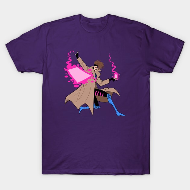 Purple unisex t-shirt featuring a dynamic graphic design with vibrant pink and blue accents.