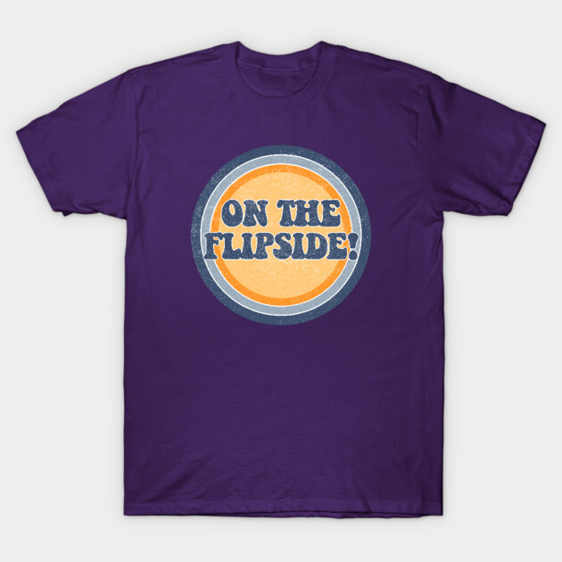 Purple cotton t-shirt with "On The Flipside!" graphic, casual style, unisex design. Ideal for everyday wear.