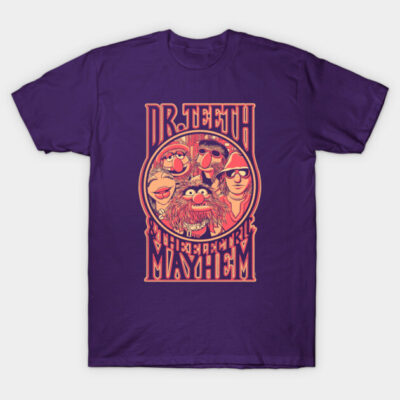 Purple graphic t-shirt featuring vibrant retro design, perfect for casual wear, made from soft cotton material.