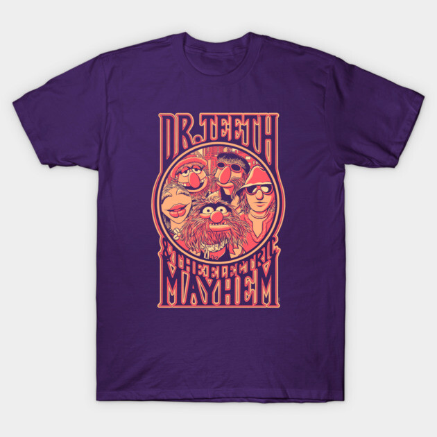 Purple graphic t-shirt featuring vibrant retro design, perfect for casual wear, made from soft cotton material.