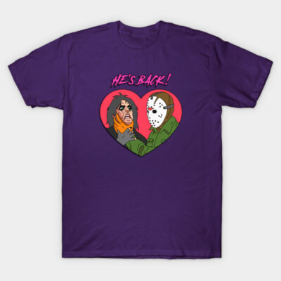 Purple graphic t-shirt with heart design, featuring two masked characters, perfect for casual wear and horror fans.
