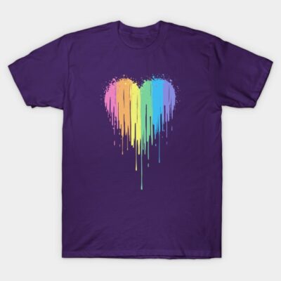 Purple t-shirt with colorful dripping heart design, casual style, perfect for everyday wear, made from soft fabric.