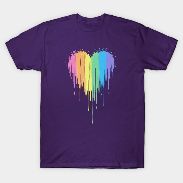 Purple t-shirt with colorful dripping heart design, casual style, perfect for everyday wear, made from soft fabric.