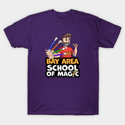 Purple T-shirt featuring "Bay Area School of Magic" design with colorful wands, casual style, cotton material.