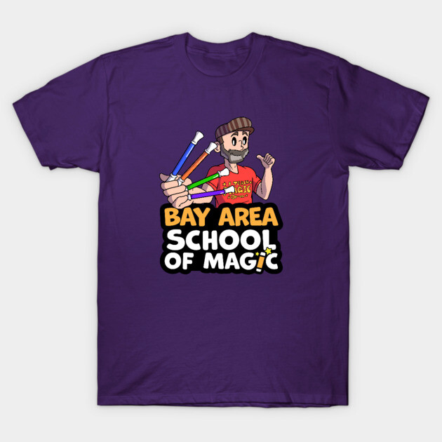 Purple T-shirt featuring "Bay Area School of Magic" design with colorful wands, casual style, cotton material.
