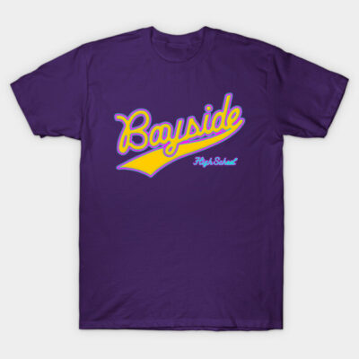 Purple Bayside High School T-shirt with retro yellow script design, casual cotton style for everyday wear.