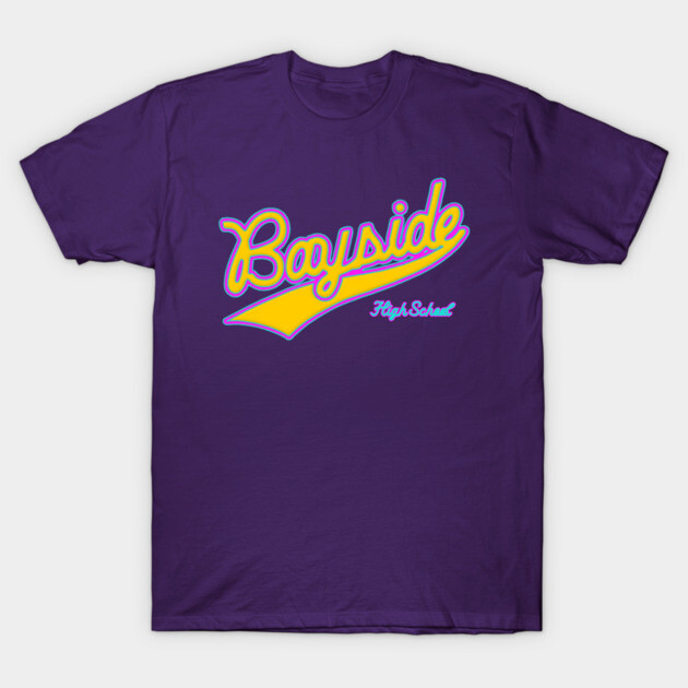 Purple Bayside High School T-shirt with retro yellow script design, casual cotton style for everyday wear.