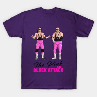Purple t-shirt featuring two wrestlers in pink attire, "The Pink and Black Attack" text, cotton, casual style.