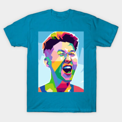 Blue graphic tee with colorful abstract face design, made of cotton, perfect for casual wear.