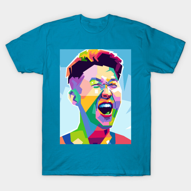 Blue graphic tee with colorful abstract face design, made of cotton, perfect for casual wear.