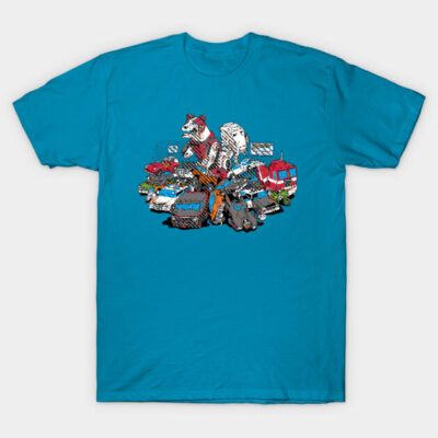 Blue cotton t-shirt featuring colorful cartoon vehicles and animals graphic print, casual style for everyday wear.