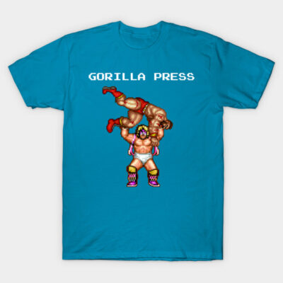 Blue graphic t-shirt with retro wrestling design, "Gorilla Press" text, perfect for casual wear and vintage style lovers.