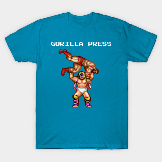Blue graphic t-shirt with retro wrestling design, "Gorilla Press" text, perfect for casual wear and vintage style lovers.
