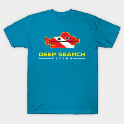 Blue t-shirt with "Deep Search Divers" text and red submarine graphic, ideal for casual wear and diving enthusiasts.