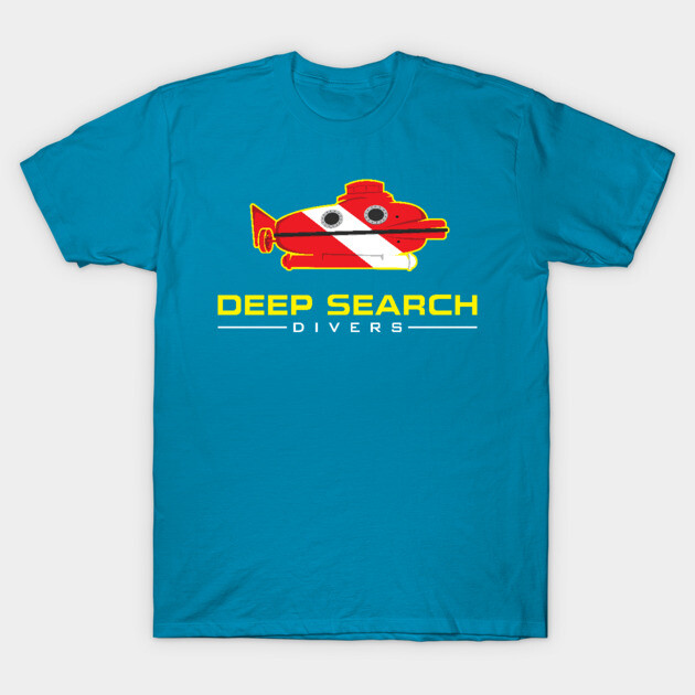 Blue t-shirt with "Deep Search Divers" text and red submarine graphic, ideal for casual wear and diving enthusiasts.