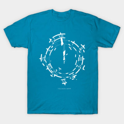 Teal graphic T-shirt with abstract clock design, casual style, soft cotton fabric, ideal for everyday wear.