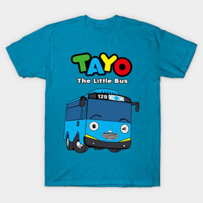 Blue T-shirt featuring cartoon bus design, colorful text, casual style, perfect for kids, 100% cotton material.