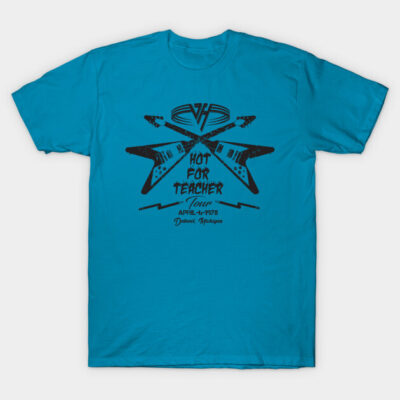 Blue graphic t-shirt featuring guitar design and tour print, perfect for casual wear, made from 100% cotton.