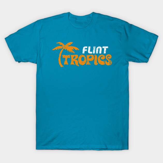 Turquoise Flint Tropics T-shirt with orange palm tree graphic, casual cotton tee for everyday wear.
