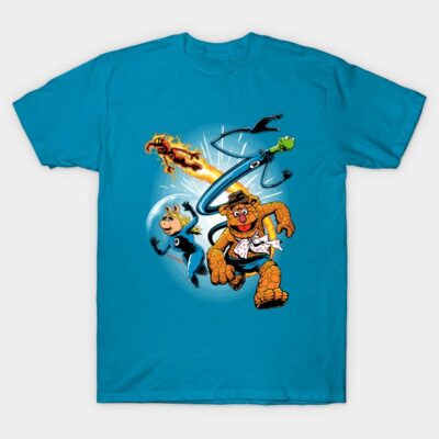 Blue graphic t-shirt featuring cartoon characters in superhero costumes, perfect for casual wear.