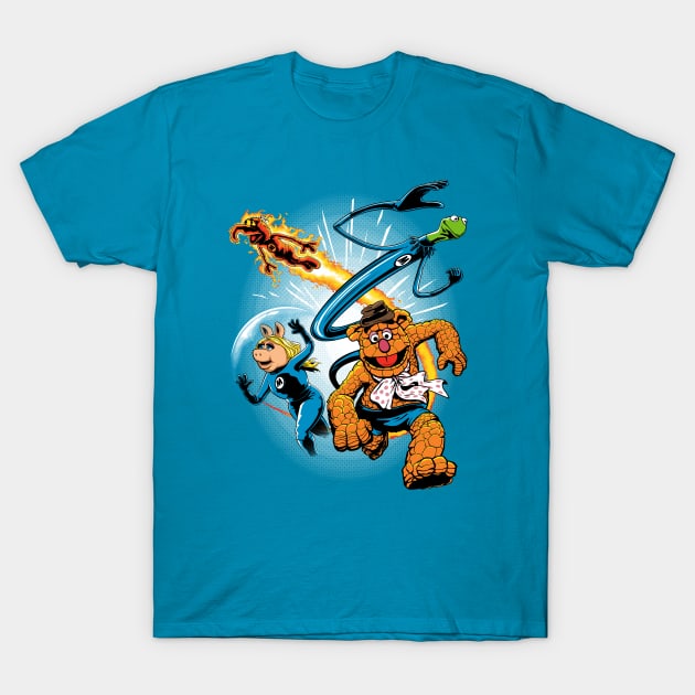 Blue graphic t-shirt featuring cartoon characters in superhero costumes, perfect for casual wear.