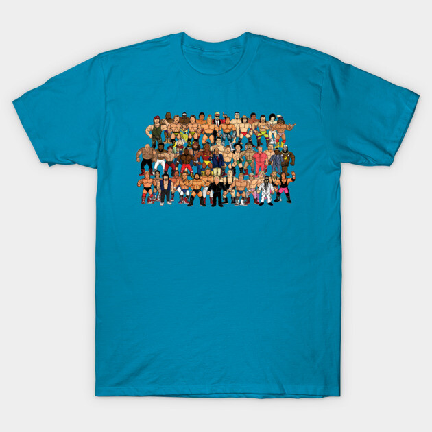 Blue graphic t-shirt featuring cartoon characters in various outfits, perfect for casual wear, made from soft cotton.