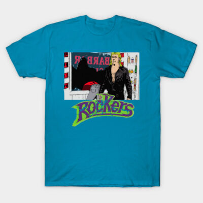 Blue graphic t-shirt featuring illustrated rocker design, perfect for casual wear. Made from 100% cotton for comfort.