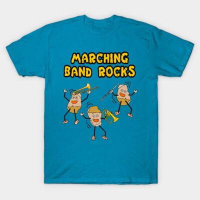 Blue "Marching Band Rocks" graphic t-shirt with cartoon instruments, casual cotton fabric, unisex design.