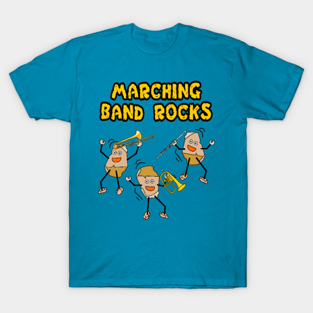 Blue "Marching Band Rocks" graphic t-shirt with cartoon instruments, casual cotton fabric, unisex design.