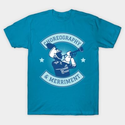 Blue graphic t-shirt with trumpet player design, "Choreography & Merriment" text, casual wear, cotton material.