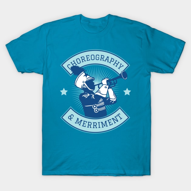 Blue graphic t-shirt with trumpet player design, "Choreography & Merriment" text, casual wear, cotton material.